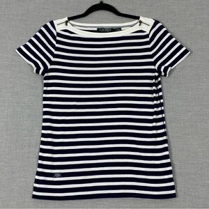 Lauren Ralph Lauren Striped Tee Sz Medium Nautical Stripe Zipper Shoulders